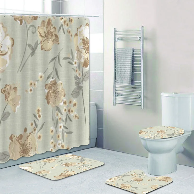 

Classical Shabby Chic Spring Floral Shower Curtain and Rug Set Vintage Flower Nature Art Bathroom Mat Toilet Accessories Decor