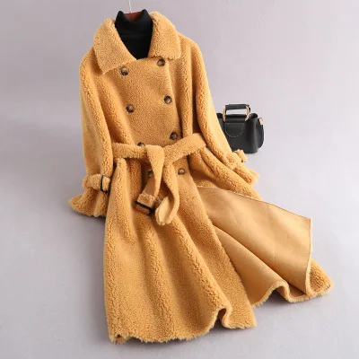 Yellow Новинка, зимняя меховая куртка, Женская длинная двубортная верхняя одежда из овчины, модная Высококачественная женская шуба из искусственного меха - Цвет: Yellow