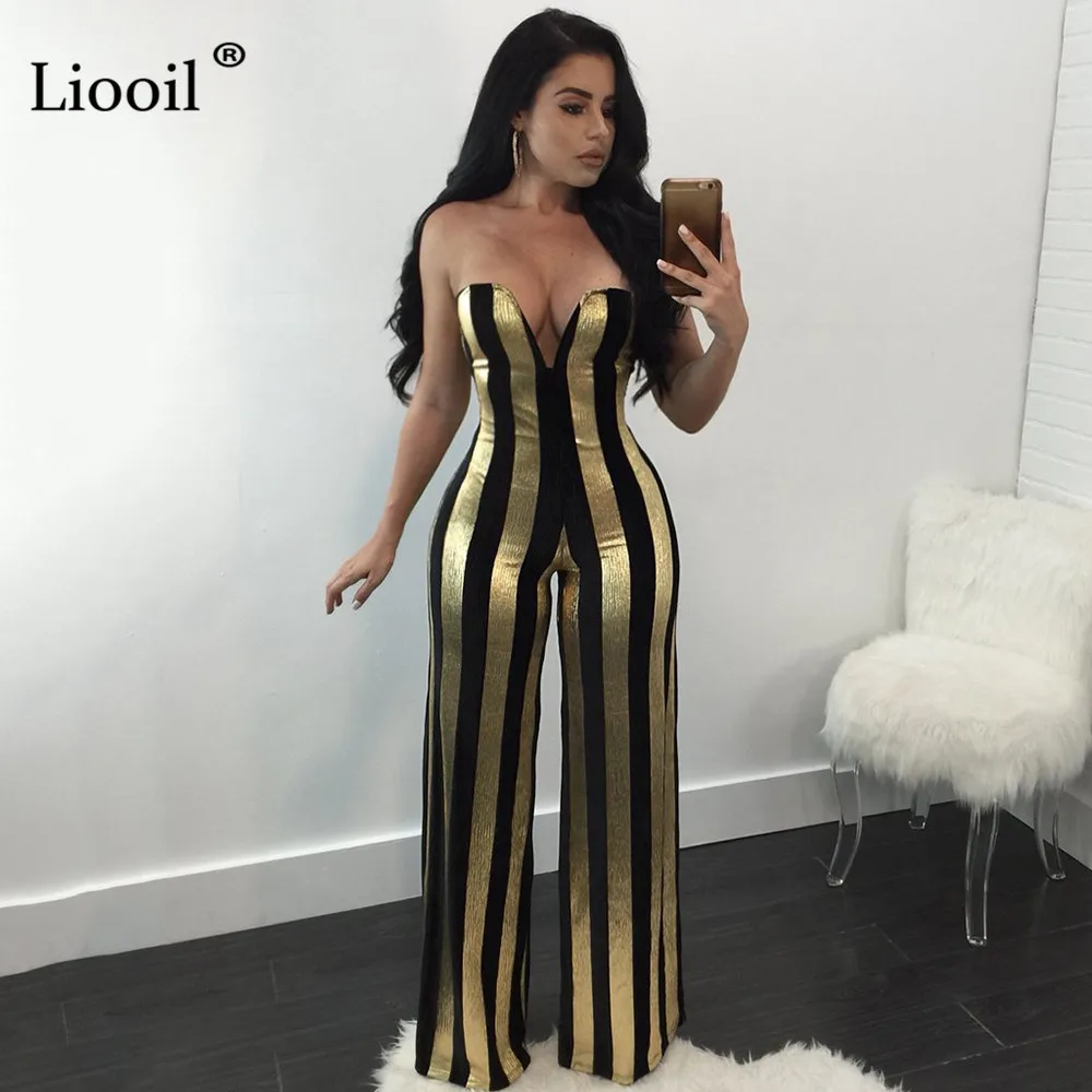 Золотой Liooil, цветной, в полоску, сексуальный, цельный, облегающий, клубный, комбинезон для женщин, с открытыми плечами, v-образный вырез, открытая спина, вечерние, облегающие комбинезоны, женский комбинезон - Цвет: Золотой