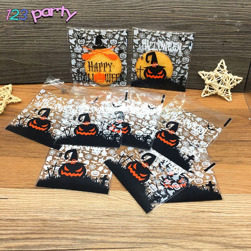 

100Pcs Plastic Bags Halloween Cookie Candy Bag Self-Adhesive For Halloween Birthday Party Gift Bag Biscuit Baking Packaging Bag