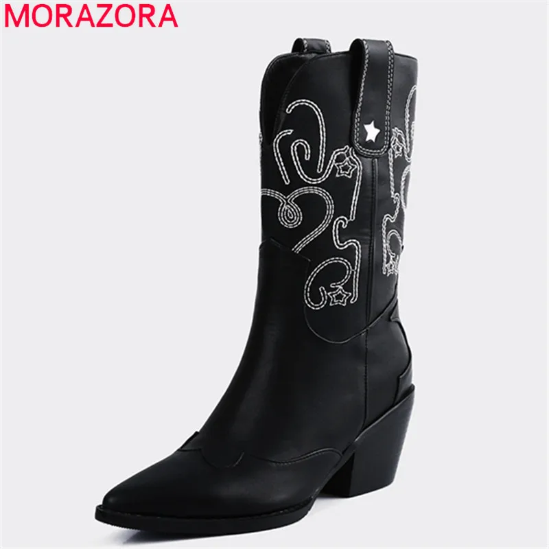 

MORAZORA 2020 Big size 33-45 pu leather mid calf boots thick high heels pointed toe ladies shoes black color winter women boots