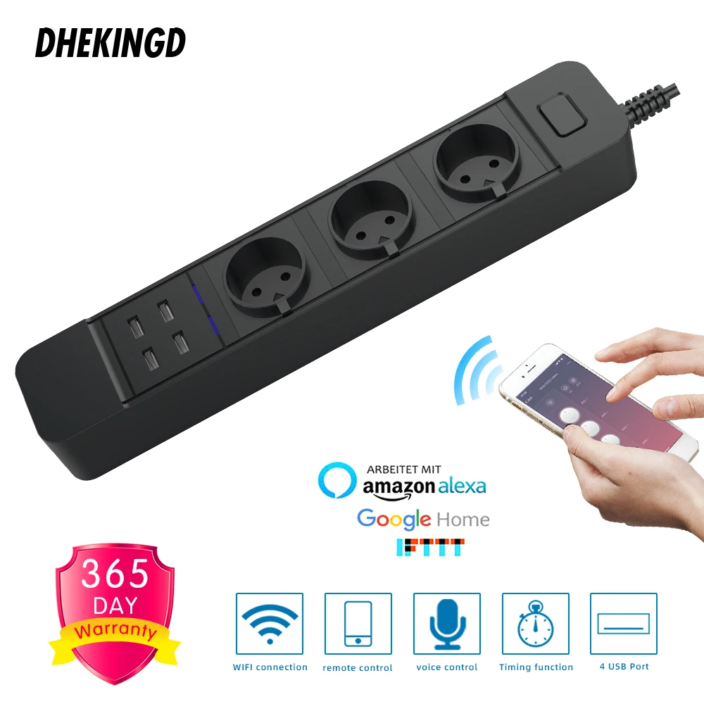

Удлинитель Wi-Fi, 3 розетки переменного тока, вилка европейского стандарта, 4 USB-порта для зарядки, управление через приложение, голосовое управ...