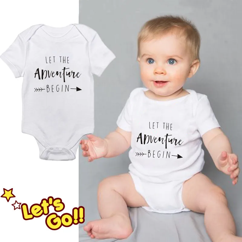 

2020 Cotton Newborn Baby Clothes Short Sleeve Girl Boy Clothing Let The Adventure Begin Design Rompers Costumes White