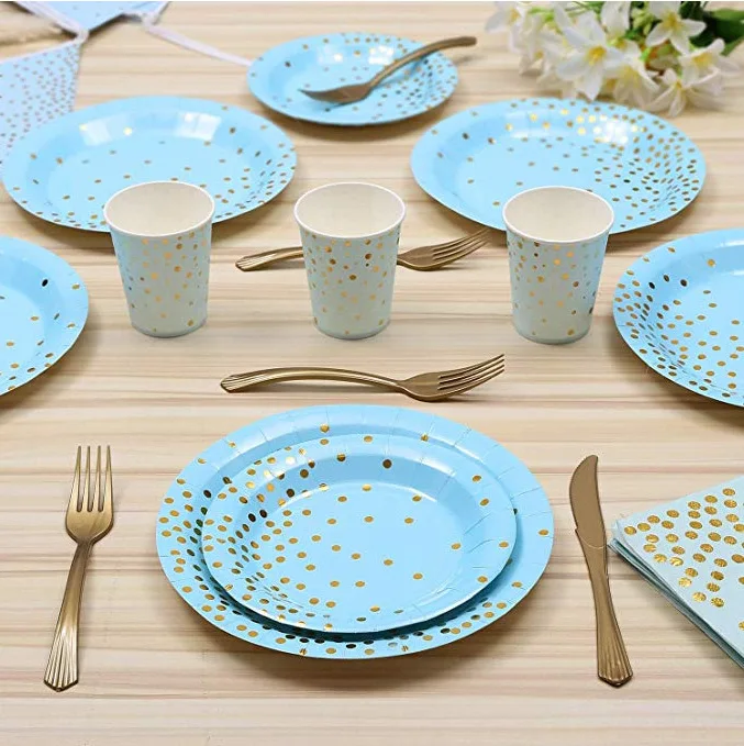 Bronzing Polka Dot Blue Tableware Set Paper Cup Paper Plate For Disposable  Tableware Birthday Party Supplies Decoration