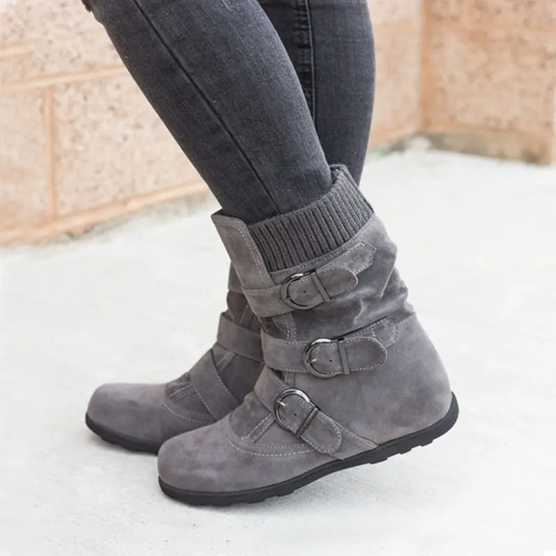 Cushioned Low-calf Buckled Boots Low Heel Knitted Fabric Zipper Slip On Boots