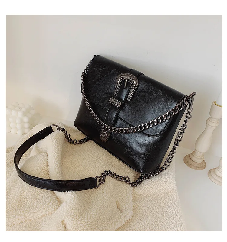 Vintage Messenger Bags Women Leather Chain Cross Body Brand Bag for Female Shoulder Messenger Bags with Strap Buckle Brown Black (5)
