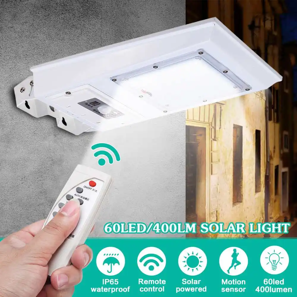 

Outdoor IP65 Waterproof 60 LED Solar Street Light Remote Control Motion Sensor Solar Powered Lamp for Wall Garden Path Yard Path