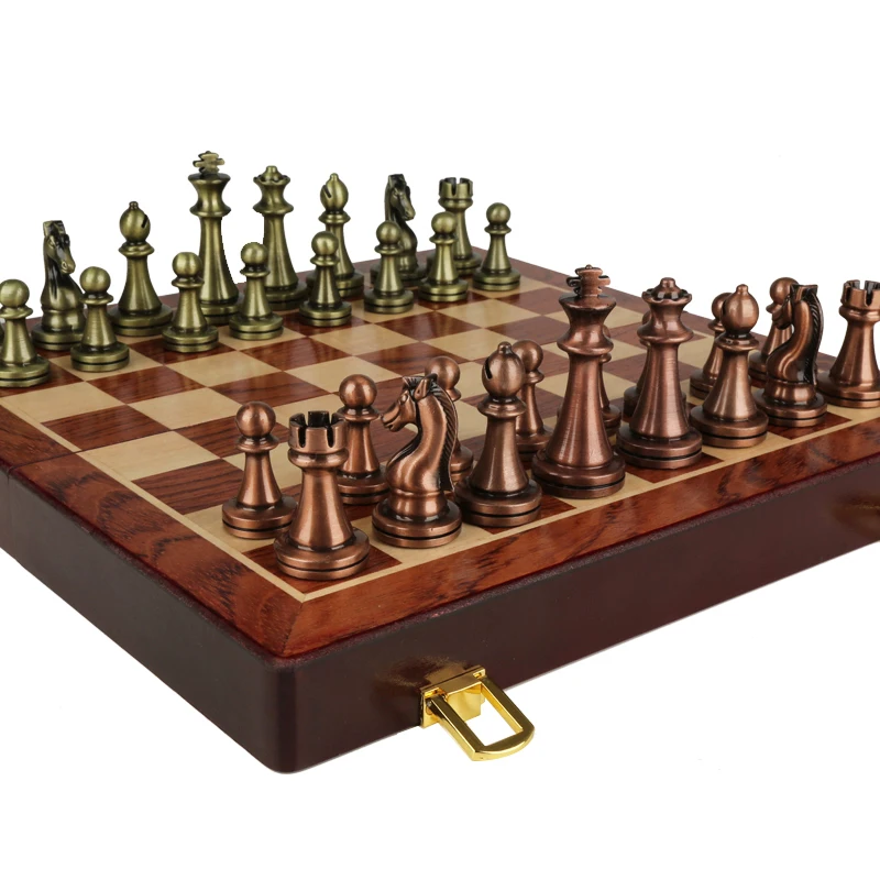 Classic Zinc Alloy Chess Pieces wood grain board Chess Game Outdoor leisure entertainment golden High Quality the qenueson