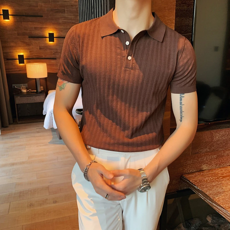 メンズ半袖ニットポロシャツ 高品質のサマーアイスシルクtシャツ カジュアルなタイトな襟22 Polo Aliexpress