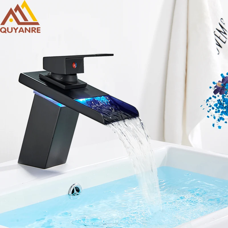 Matte Black LED Basin Faucet Brass Waterfall Temperature Colors Changing Bathroom Mixer Tap Deck Mounted Wash Sink Glass Taps