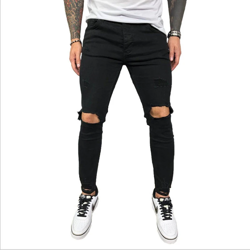 Men Stretch Ripped Jeans Black Blue 