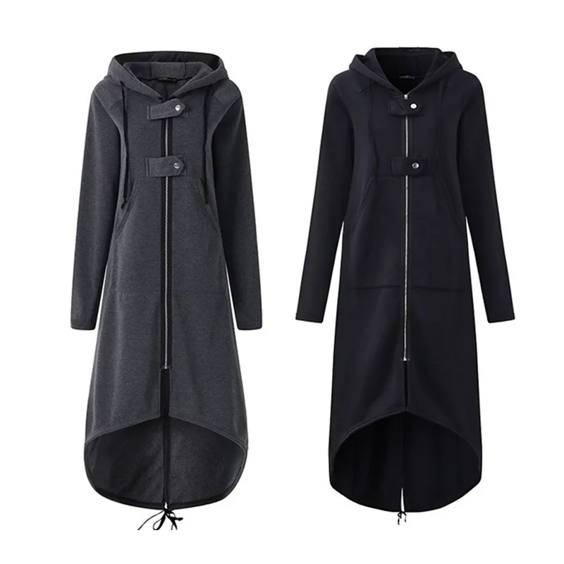 Модный повседневный Тренч с длинными рукавами и капюшоном, осенний Черный плащ на молнии, большие размеры 5XL, вельветовые Длинные теплые женские пальто
