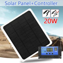 Panel Solar de doble salida de 20W y 12V con cargador de coche + mando de cargador Solar USB 10/20/30/40/50A para luz LED de Camping al aire libre