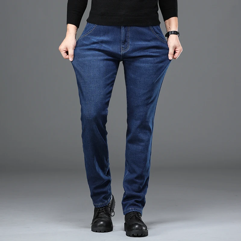 Зимние мужские теплые джинсы классические плотные джинсовые эластичные облегающие черные джинсы брюки мужские Брендовые повседневные деловые синие черные брюки