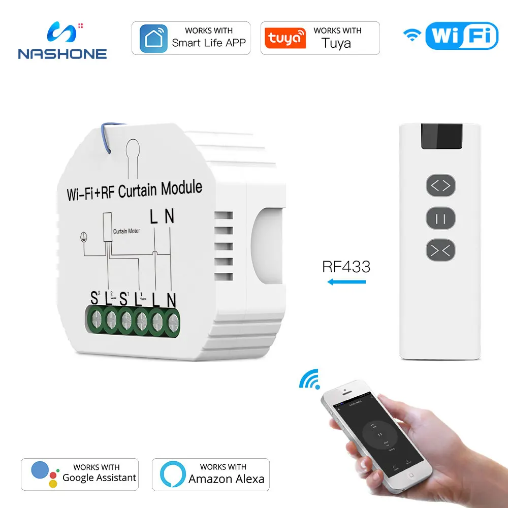 

Nashone WiFi RF Smart Curtain Blinds Module Switch Roller Shutter Motor Tuya Wireless Remote Control Work with Alexa Google Home