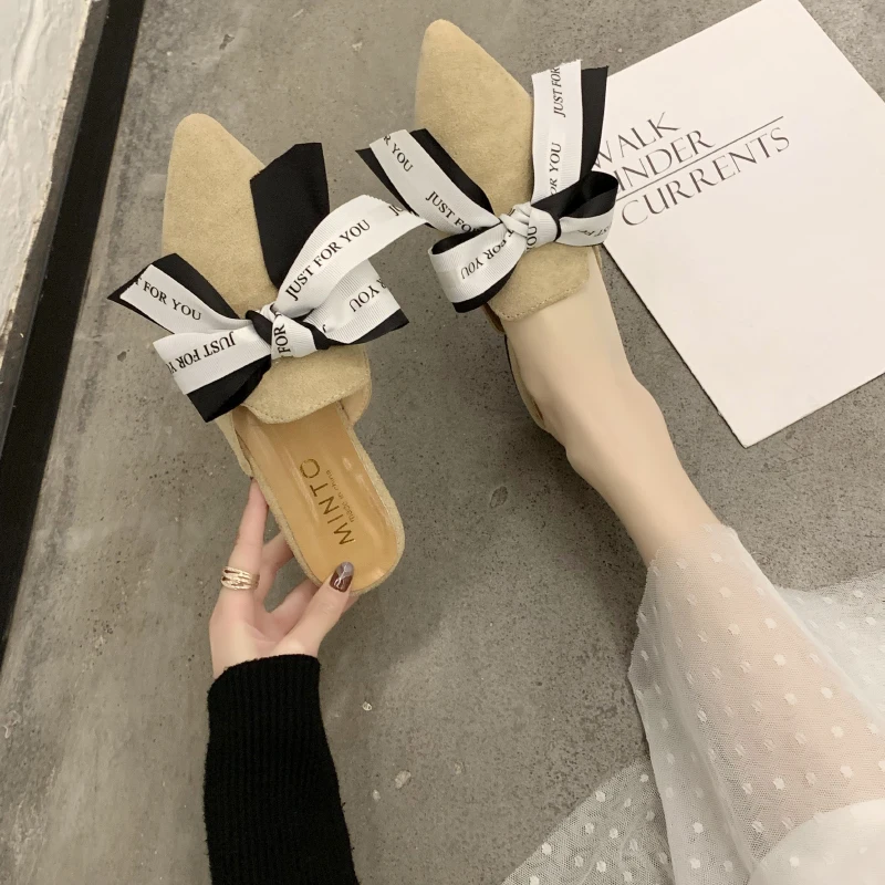 

Spring and Autumn Explosion Style Women's Slippers Going Out One Step Half Dragging Suede Pointed Bow Elegant women Shoes U24-29