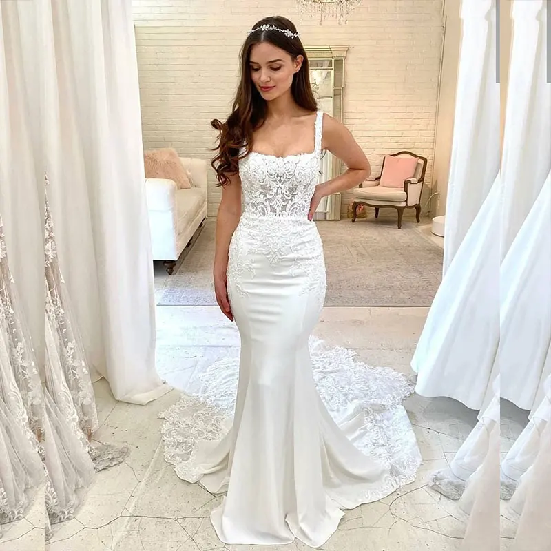Mermaid Wedding Dress White For Women Square Collar Lace AppliquesSatin Robe De Mariee Floor Length Bridal Gowns Custom Made 2