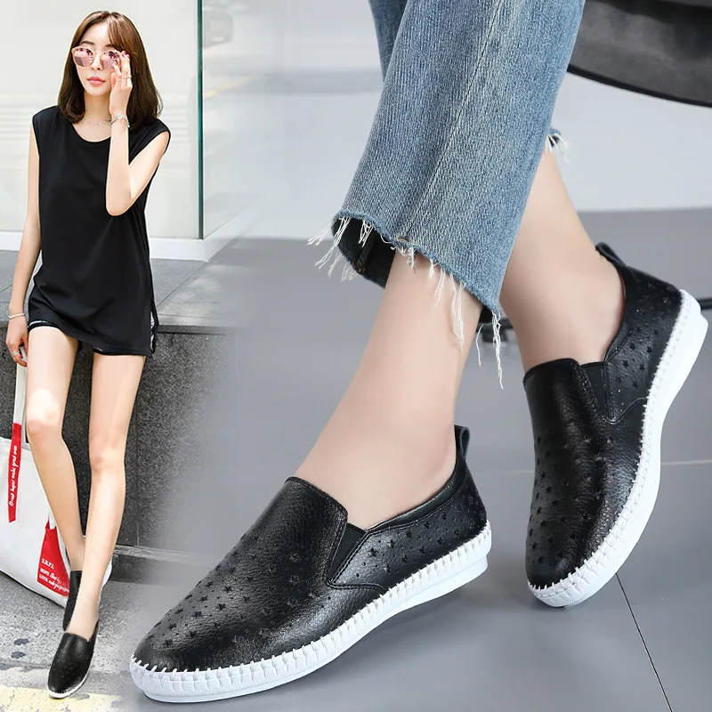 

Large Size Spring And Autumn Flat White Shoes Women's Genuine Leather Lazy Casual Slip-on Loafers Breathable Handmade Sewing