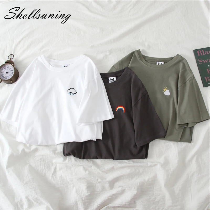 Shellsuning Базовая летняя футболка с вышивкой Женская Повседневная новинка 2020