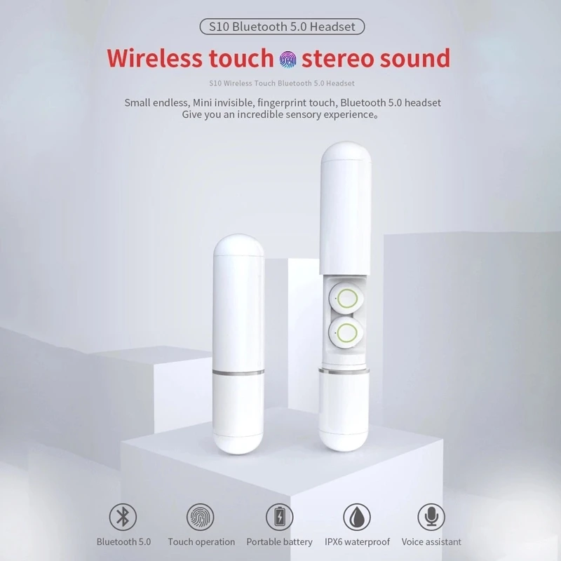 Mini S10 TWS Wireless Bluetooth 5 0 Touch Control Earbuds Sport Headphone Waterproof IPX6 with 1000mah emergency battery