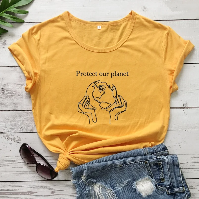 Футболка с защитой нашей планеты, Экологичная одежда для вегетарианцев, футболка с изображением земли, модные повседневные топы, женская футболка - Цвет: Orange-black text