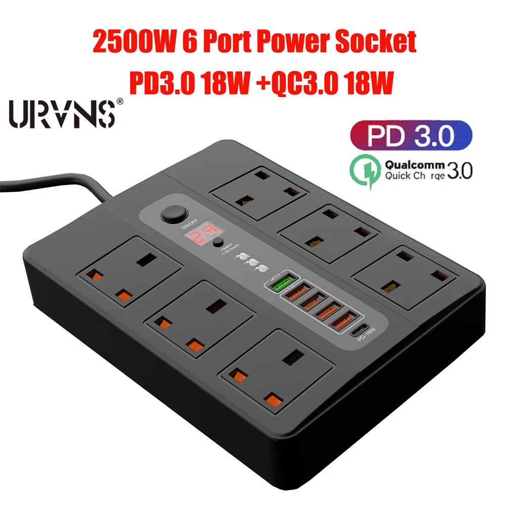 

URVNS 2500W Power Strip 6 Outlet with QC3.0 PD USB Fast Charging, Electrical Timer Surge Protector UK Plug Extension Cord Socket