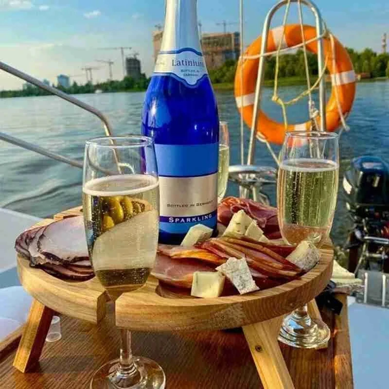 Foldable Table Wooden Outdoor Wine Table with Glass Holder for Garden Party