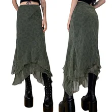 

Autumn Green Solid Color Irregular Skirt Cotton Temperament Commuter Outer Single Long Skirt Stitching Skirt Plaid Skirt