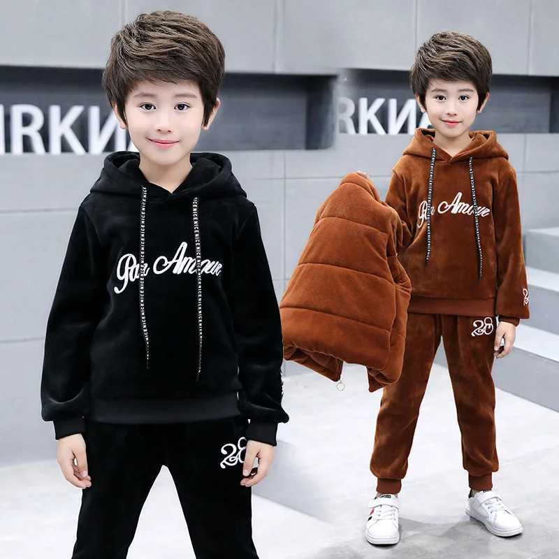 

Children Autumn And Winter Thick Double-sided Plush Three-piece Set BOY'S Big Boy Young STUDENT'S Lettered Embroidered Gold Velv