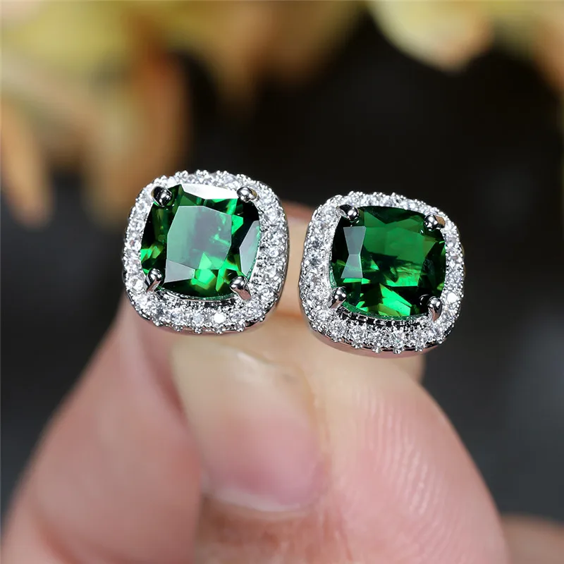 Classic Silver Color Wedding Earrings Green Opal Square Stone Earrings Multicolor Crystal Small Stud Earrings For Women Jewelry