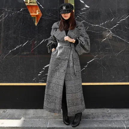 

Autumn And Winter Woolen Jacket Women's Mid-length New Style Korean-style Loose-Fit Double Breasted Lace-up Thousands of Birds W