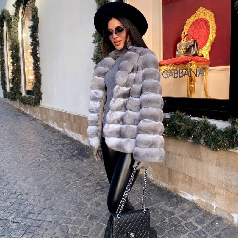 FURSARCAR Top Fashion Genuine Rex Rabbit Fur Imitate Chinchilla Color Fur Thick Warm Winter Women Wrap Coat Slim Female Coat