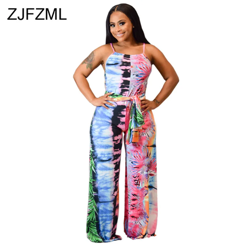

Rainbow Leaves Printed Sexy Beach Rompers Womens Jumpsuit Spaghetti Strap Open Back Wide Leg Bodysuit Summer Sashes Long Overall