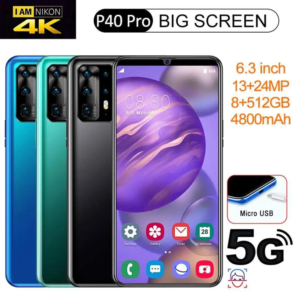 

2020 Hot Sale P40 Pro Facial Recognition Smartphone 10-Core 8GB +512GB 6.3inch with GPS Dual SIM Card Android 6.0