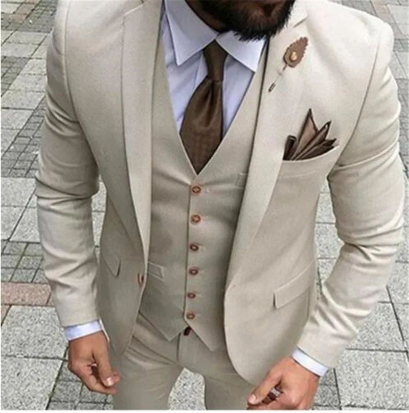 

Solovedress Custom Terno Men's Solid Suit 1 Button Notched Lapel Beige Blazer Tux Vest & Trousers Prom Dinner Wedding Tuxedos