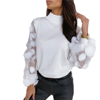 

Goocheer Spring Women T-Shirts Tulle Ruffle Long Puff Sleeve Ladies Loose Casual Dot Loose Top Turtleneck See Through Sweatshirt