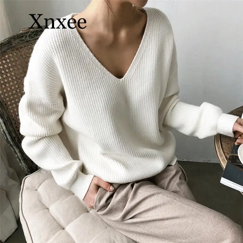 Womens Sweaters 2020 Autumn Winter Casual V Neck Women Pullover Sweater Solid Long Sleeve Fashion Loose Knitted Cashmere Top Womens Sweaters 2020 Autumn Winter Casual V Neck Women Pullover Sweater Solid Long Sleeve Fashion Loose Knitted Cashmere Top