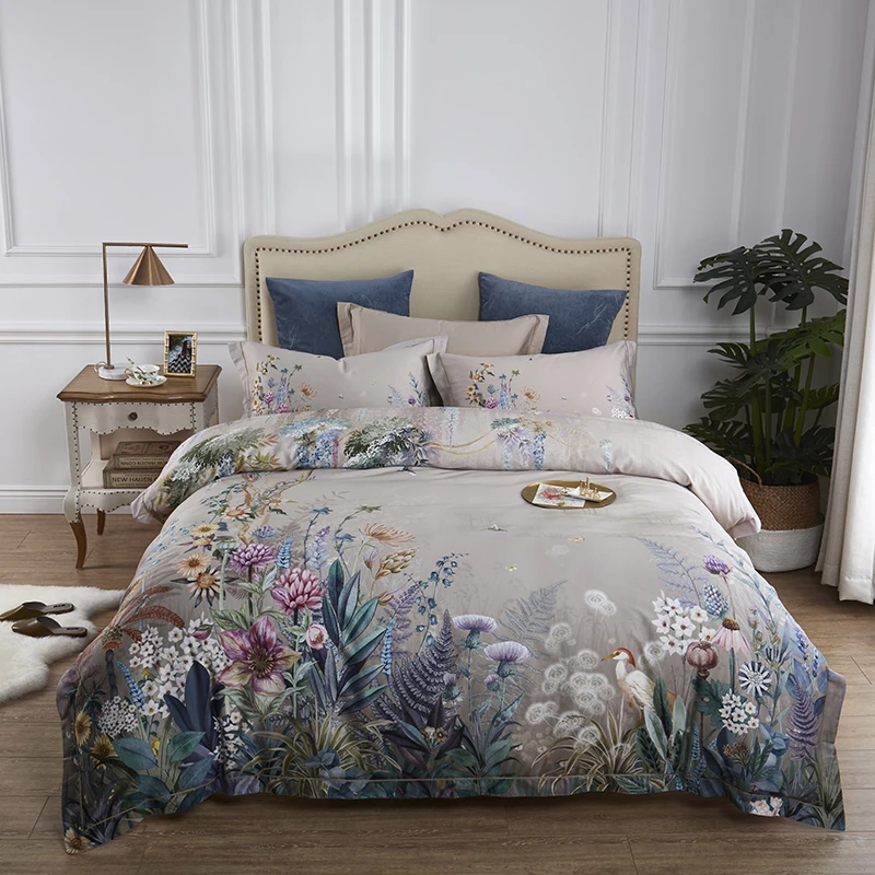 

100% Egyptian Cotton Bedding Queen King size 4Pcs Birds and Flowers Leaf Pattern Gray Shabby Duvet Cover Bed sheet Pillow shams