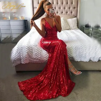 

Red Sequin Evening Dress 2020 ShinySexy V Neck Evening Gown High Slit Long Fish Tail Formal Prom Party Dress vestido longo festa