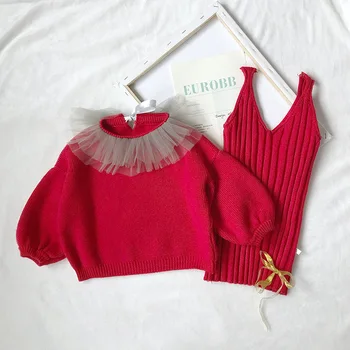 

Girls Knitted Girls Sweater Dress Baby Girl Sweater Spring Lace Turn-down Collar Toddler Cardigan Woolen Sweater + Dresses Sets
