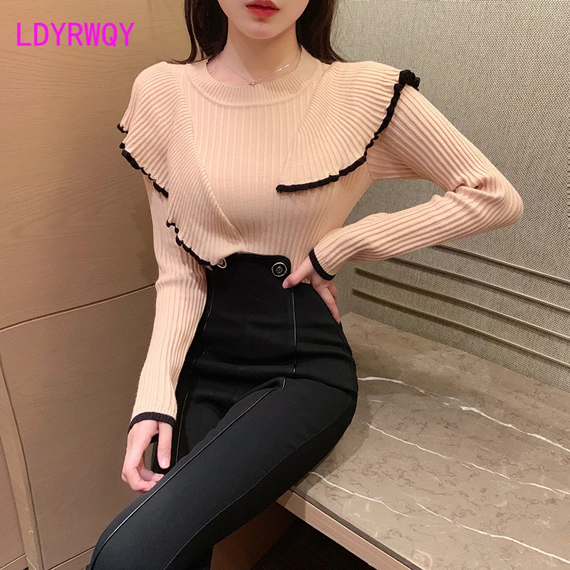 

2019 autumn and winter models slim slimming stitching ruffled bottoming sweater women's head Regular Office Lady