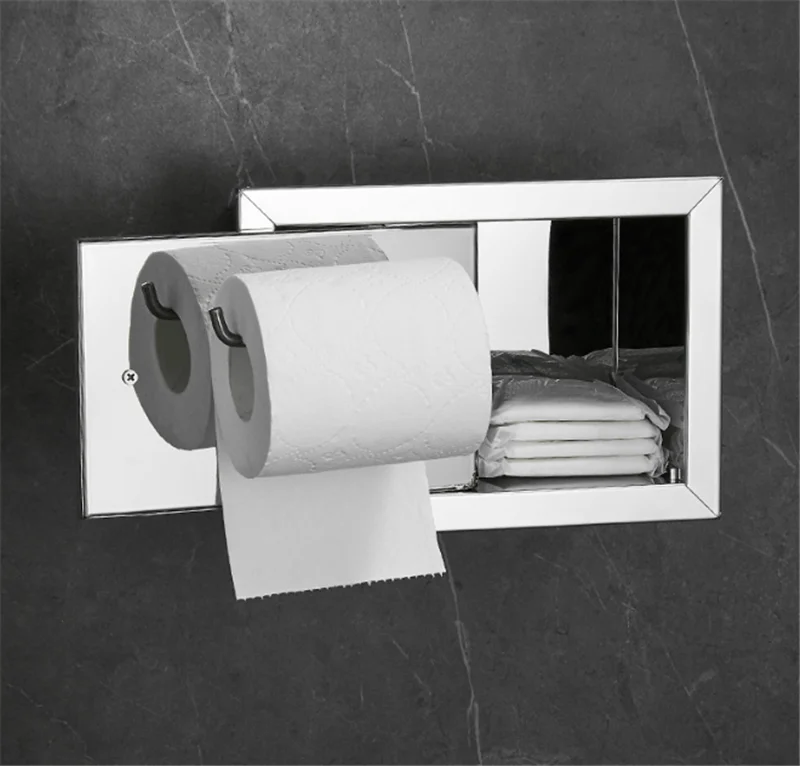 Stainless Steel Chrome Polish Brushed Nickel Concealed Bathroom Toilet Roll Paper Holder Creative Tissue Box In Wall