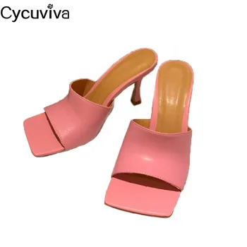 

Hot Square Open Toe Mules Slippers Woman Thin High Heels Leather Shoes Women Pink Summer Slides Runway Party Dress Ladies Shoes