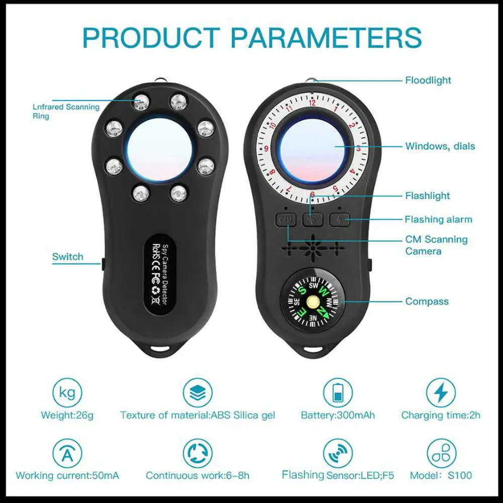 Anti-Spy Surveillance Camera Detector Wireless RF Signal Anti-covert Camera Lens Listen Bug Finder Device Gps Gsm Tracker Scanne