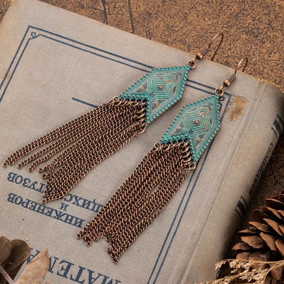 Vintage Long Metal Tassel Fringe Earrings for Women Statement Jewelry Big Round Geometric Leaf Stones Leopard Feather Earring (40)