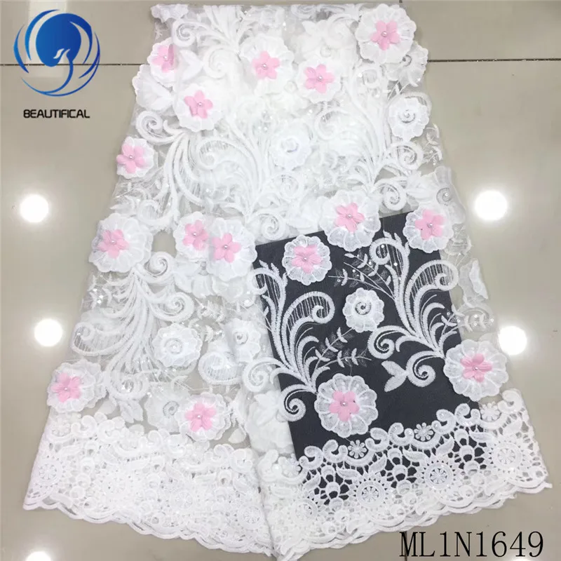 

BEAUTIFICAL 3d french lace fabrics New arrival white embroidery net lace with beads 5yards african lace appliques ML1N1649