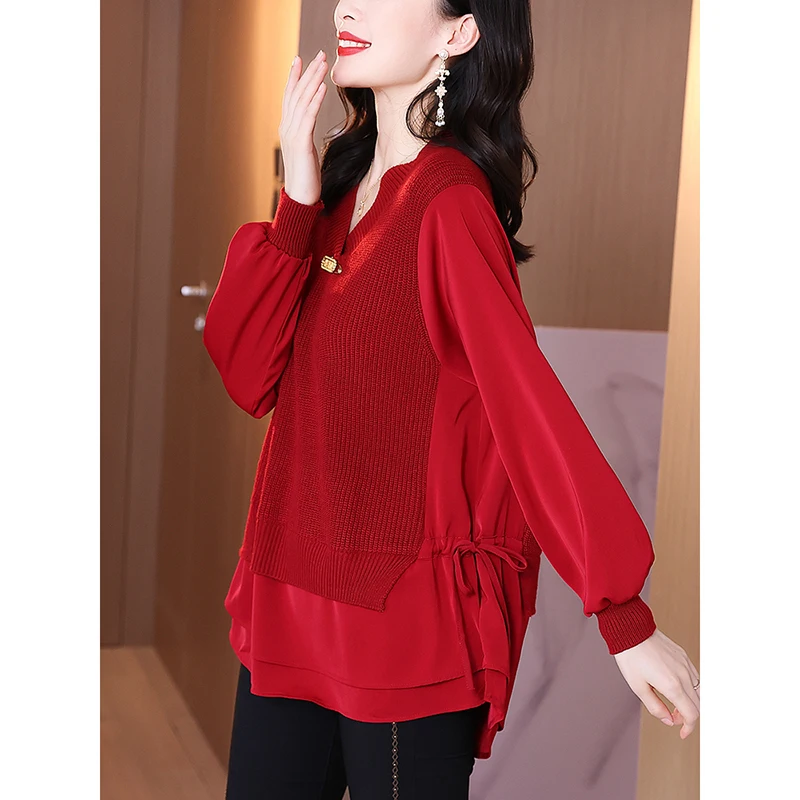 Женский свободный свитер красная шерстяная рубашка с V-образным вырезом на осень