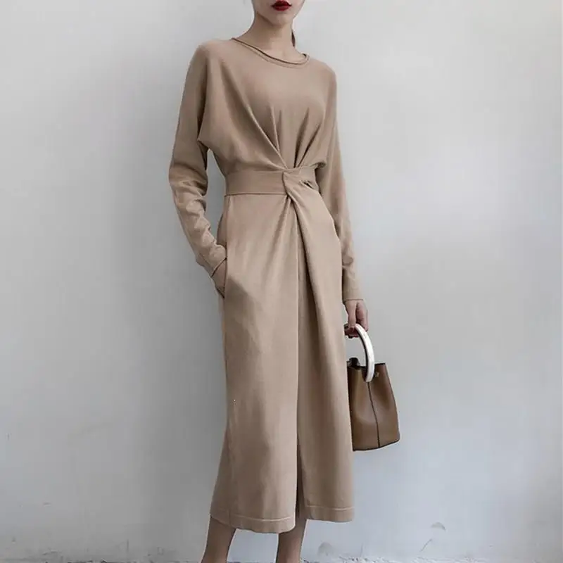 

2019 Women Elegant Lace Up Bowknot Knit Long Dress Winter Split Long Sleeve Casual Dresses Solid Female Knitted Dress