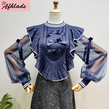 

Spring Bow Stretch Vintage Knitted Patchwork Lantern Sleeves Ruffles Round Collar Female Fashion Loose Women Shirt Tops