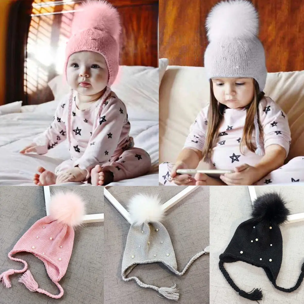 

Winter New Newborn Infant Kids Baby Boy Girls Cute Pearl Hats Earbud Pearl Crochet Warm Knit Hats Gift